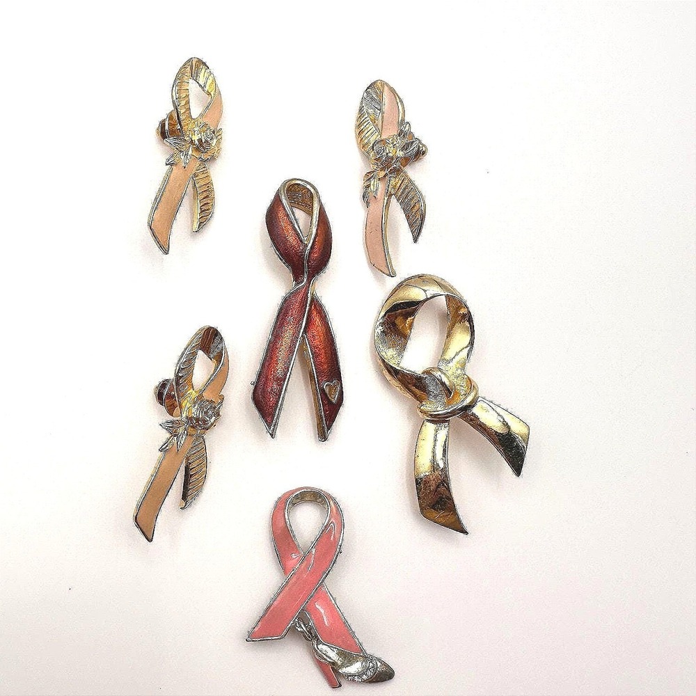 Vintage 90s Awareness Ribbon Enamel Gold Tone Brooch Pins Set Classic Jewelry